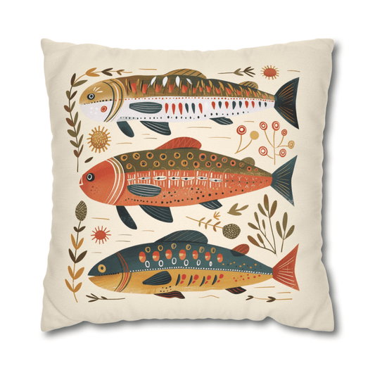 Boho Fish Pillow Cover, Rustic Coastal Cushion, Beige Folk Art Throw Pillow, Vintage Ocean Inspired Home Decor