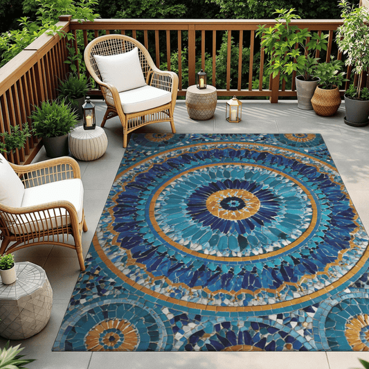 Boho Mosaic Medallion Outdoor Rug — Blue Patio Rug