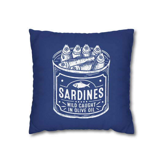 Blue Pillow Cover with Vintage Sardines Illustration