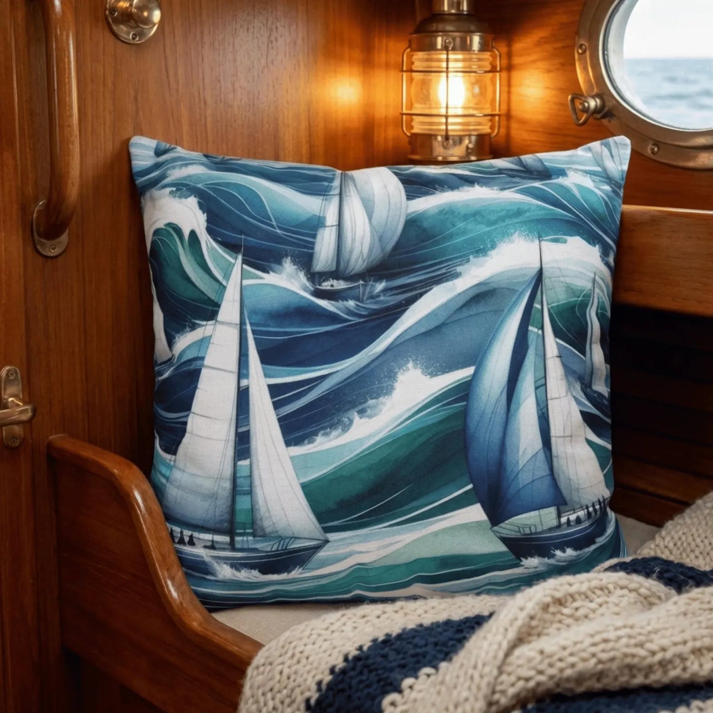 Blue Sailboat Pillow Cover for Coastal Living Rooms