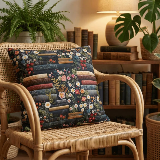 Book Pillow Cover with Floral Library Print