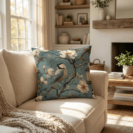 Blue Chinoiserie Bird Floral Pillow Cover