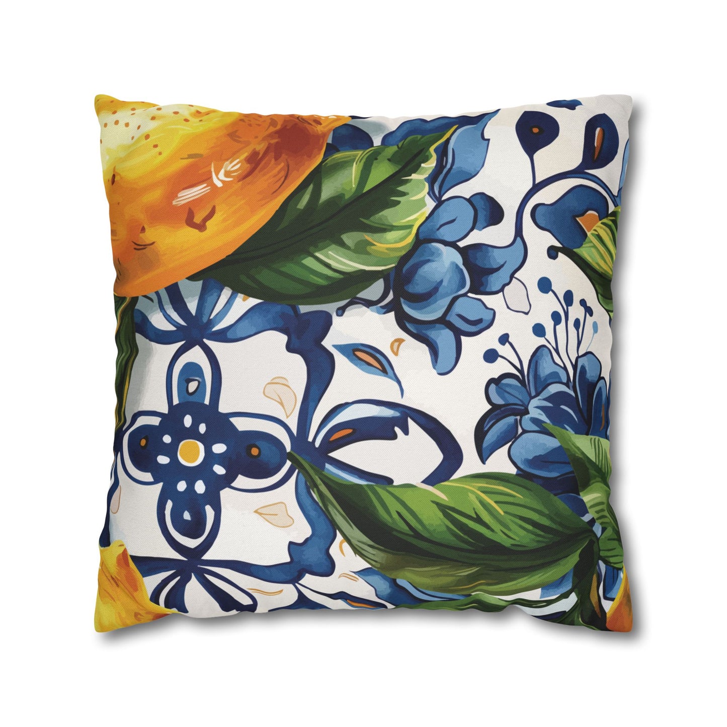 Summer Pillow Cover with Blue Floral Citrus Print