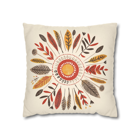 Bohemian Beige Pillow Cover with Feather Leaf Pattern, Warm Autumn Tones Cushion, Rustic Home Decor Accent