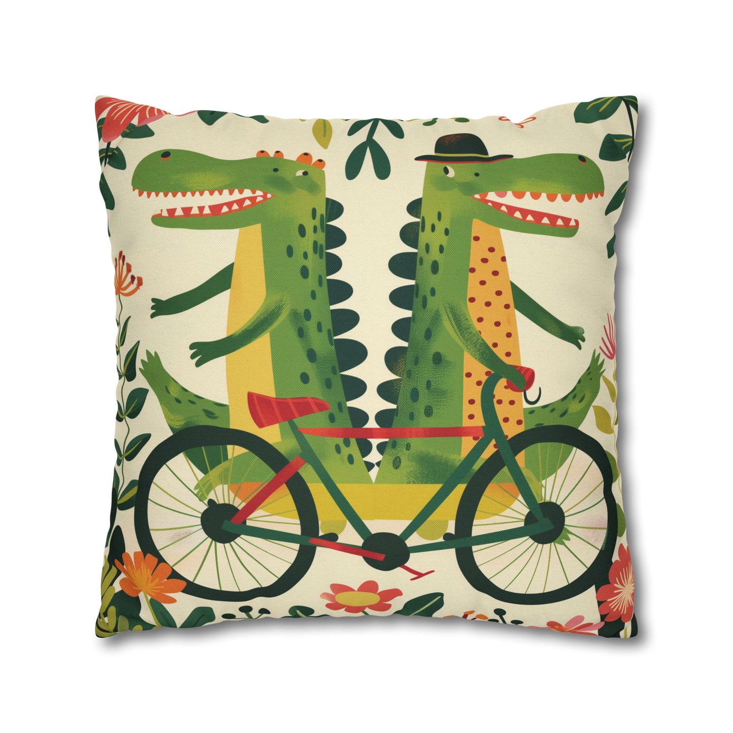 Crocodile Bicycle Pillow Cover — Eclectic Folk Art Print