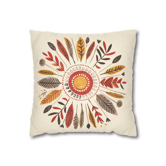 Bohemian Beige Pillow Cover with Feather Leaf Pattern, Warm Autumn Tones Cushion, Rustic Home Decor Accent