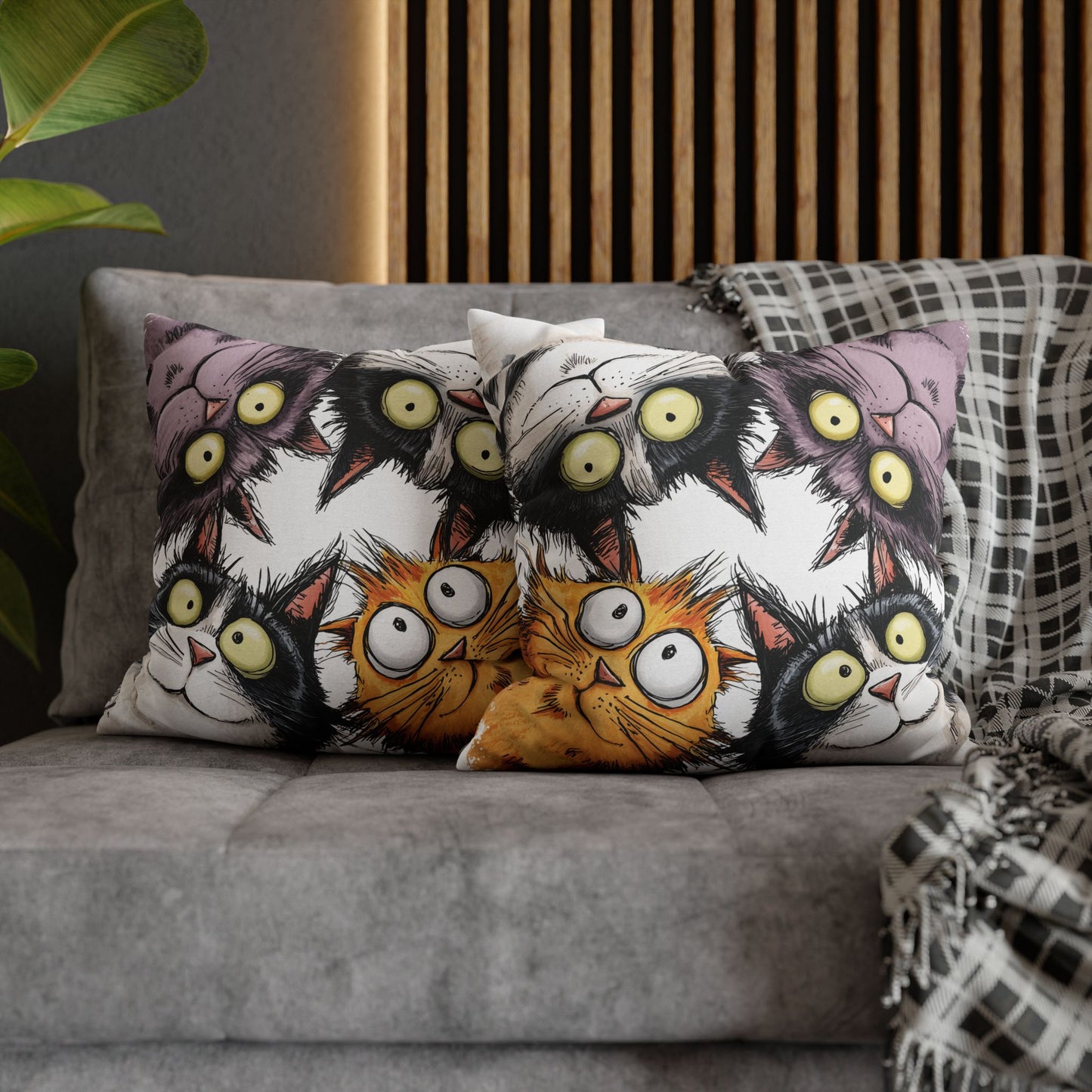 Cat Pillow Cover with Whimsical Wide-Eyed Cats