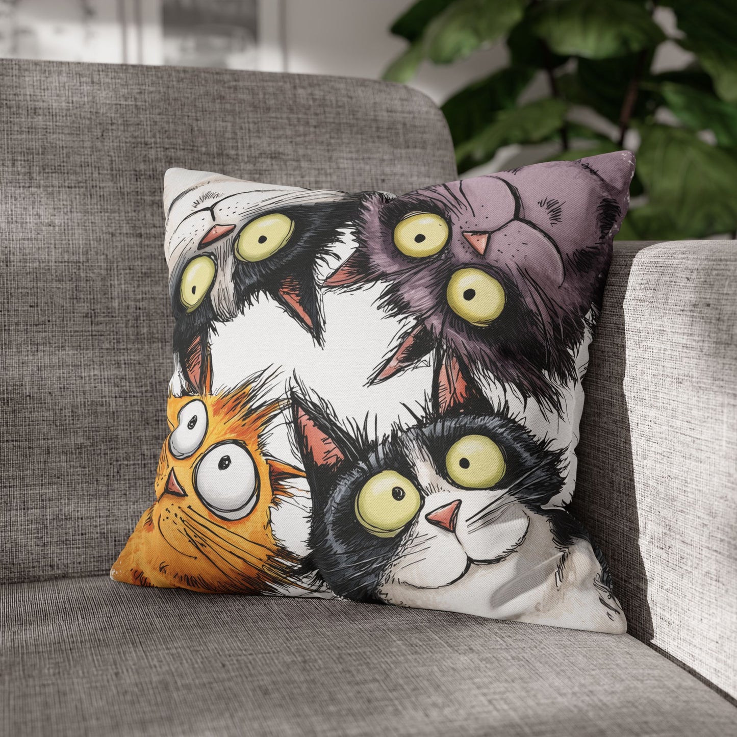 Cat Pillow Cover with Whimsical Wide-Eyed Cats