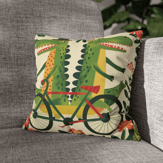 Crocodile Bicycle Pillow Cover — Eclectic Folk Art Print