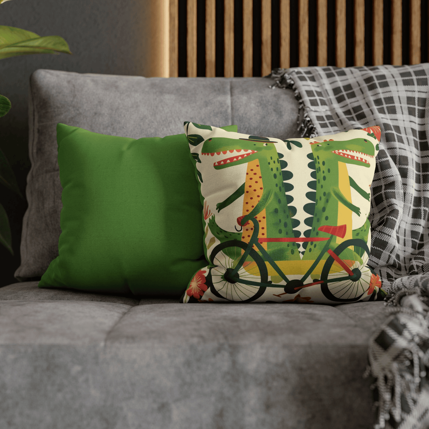 Crocodile Bicycle Pillow Cover — Eclectic Folk Art Print