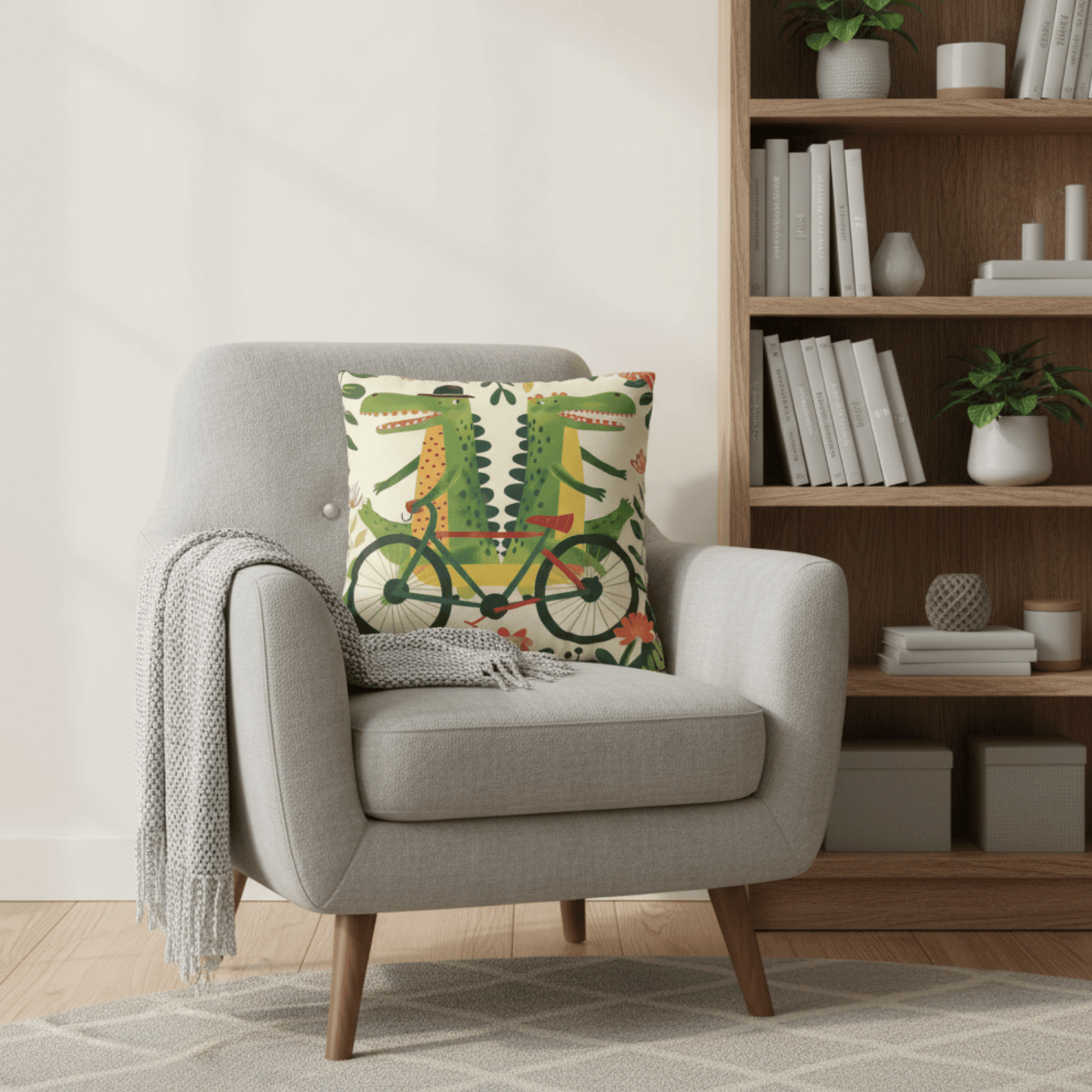 Crocodile Bicycle Pillow Cover — Eclectic Folk Art Print