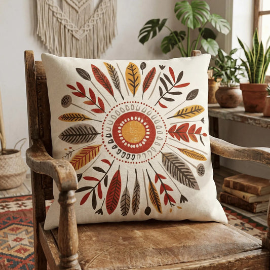 Botanical Feather Pillow Cover — Boho Autumn Tones