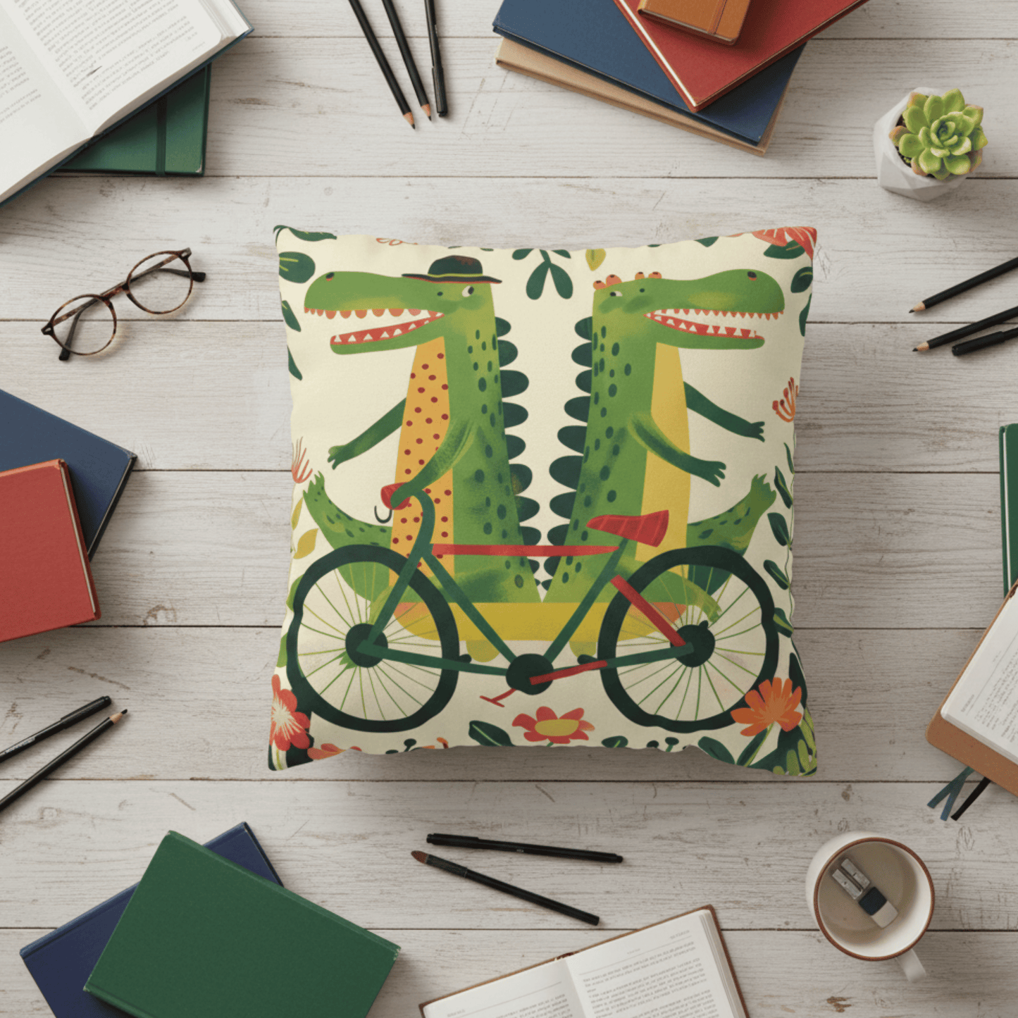 Crocodile Bicycle Pillow Cover — Eclectic Folk Art Print