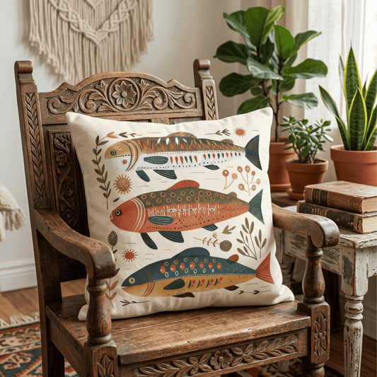 Boho Fish Pillow Cover, Rustic Coastal Cushion, Beige Folk Art Throw Pillow, Vintage Ocean Inspired Home Decor