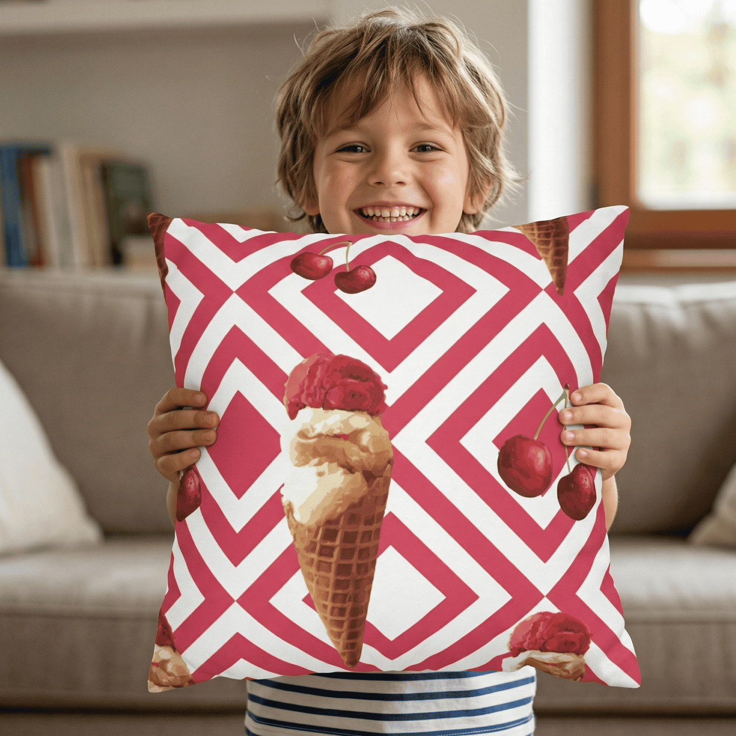 Cherry Ice Cream Pillow Cover — Bold Red Geometric Summer Pillow