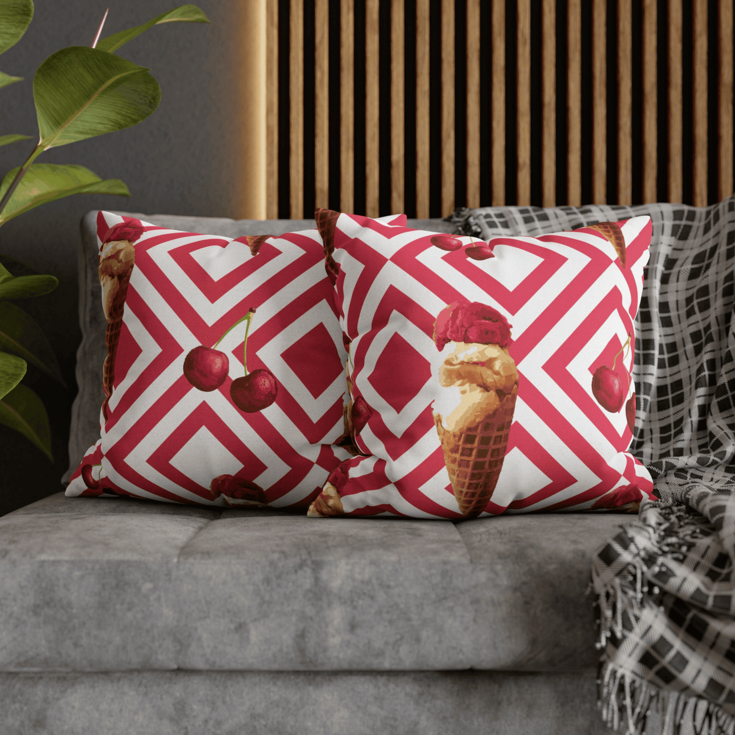 Cherry Ice Cream Pillow Cover — Bold Red Geometric Summer Pillow