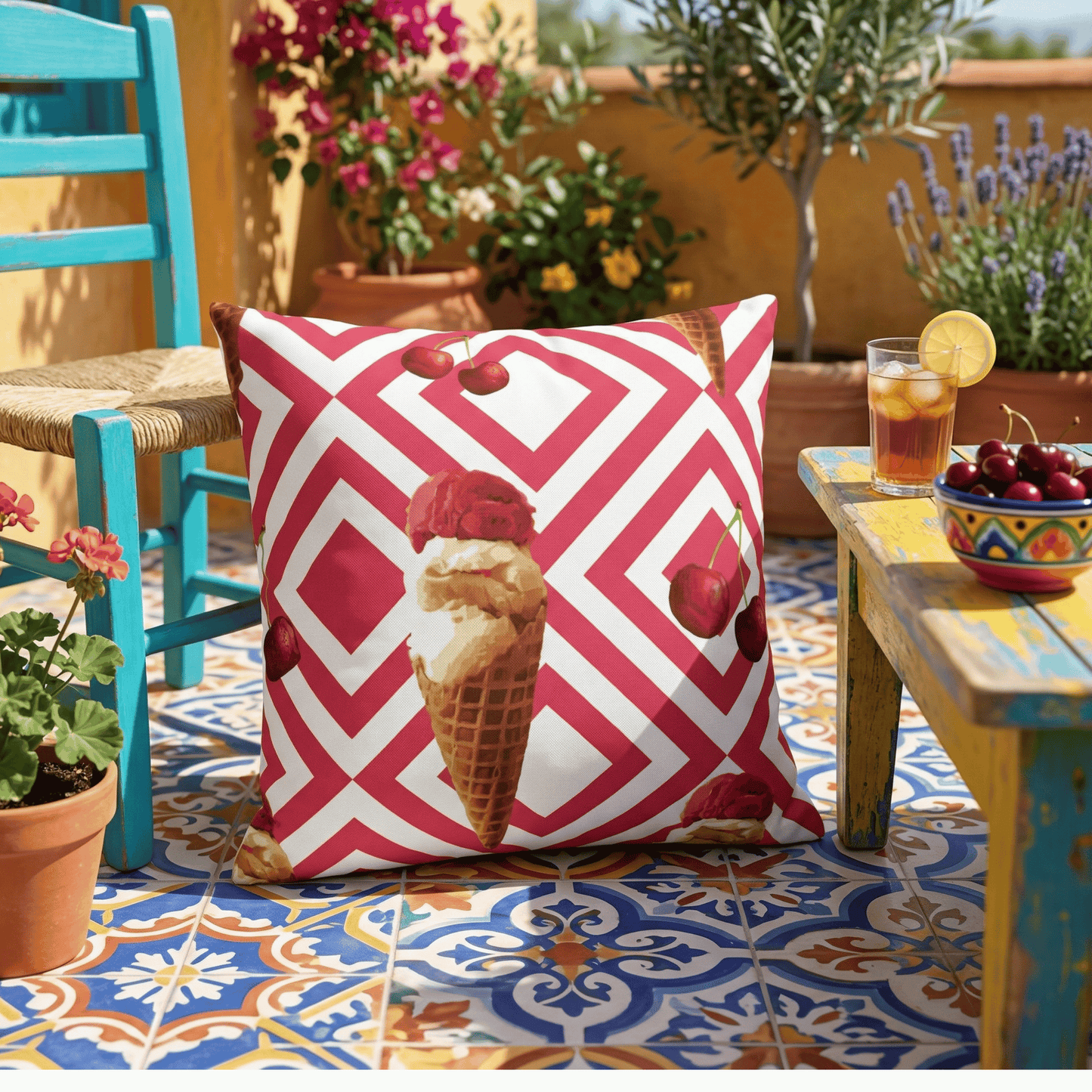 Cherry Ice Cream Pillow Cover — Bold Red Geometric Summer Pillow