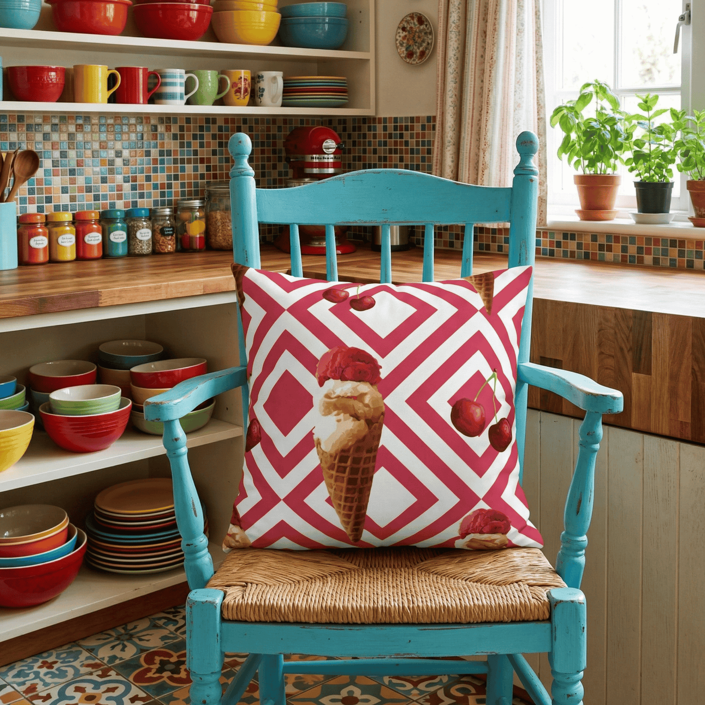 Cherry Ice Cream Pillow Cover — Bold Red Geometric Summer Pillow