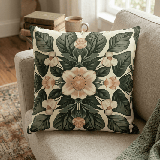 Botanical Mandala Pillow Cover — Dark Green & Blush Floral on Cream