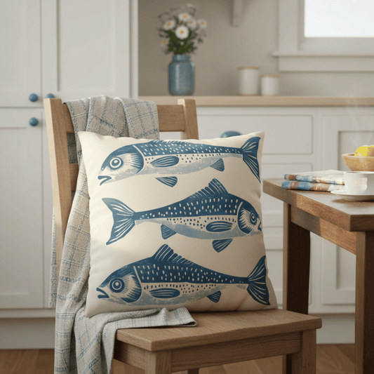 Linocut Fish Pillow Cover — Nautical Blue on Cream
