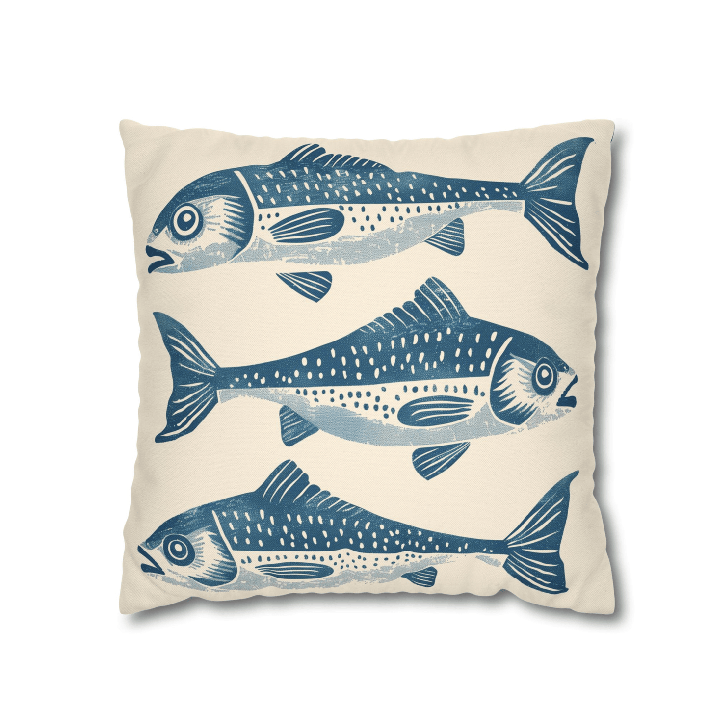 Linocut Fish Pillow Cover — Nautical Blue on Cream