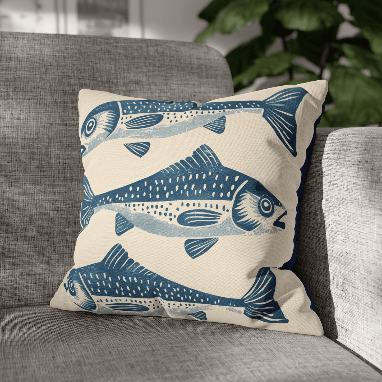 Linocut Fish Pillow Cover — Nautical Blue on Cream