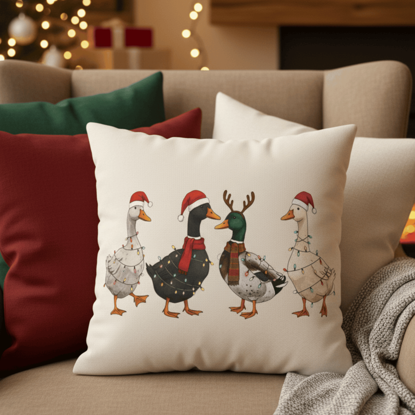 Christmas Pillow Cover with Festive Ducks