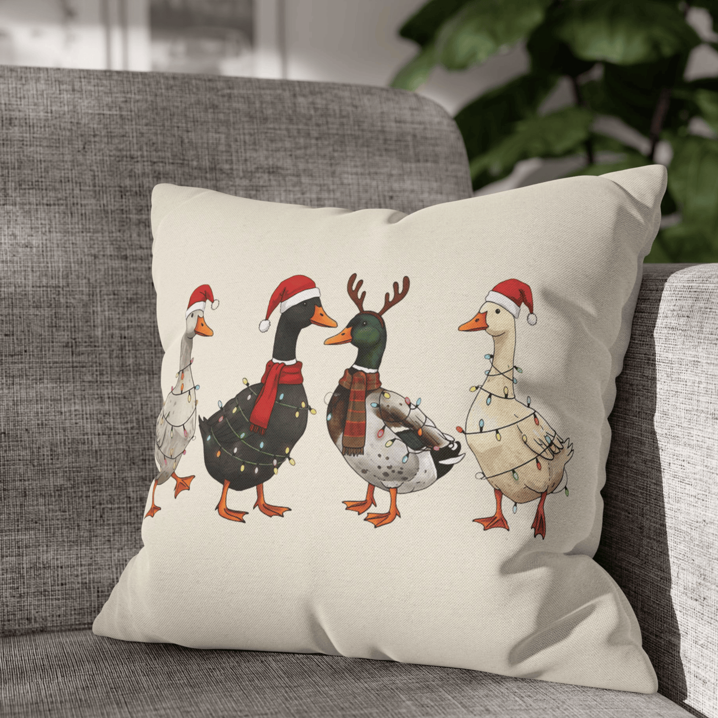 Christmas Pillow Cover with Festive Ducks
