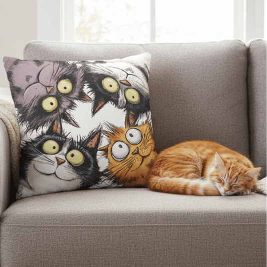 Cat Pillow Cover with Whimsical Wide-Eyed Cats