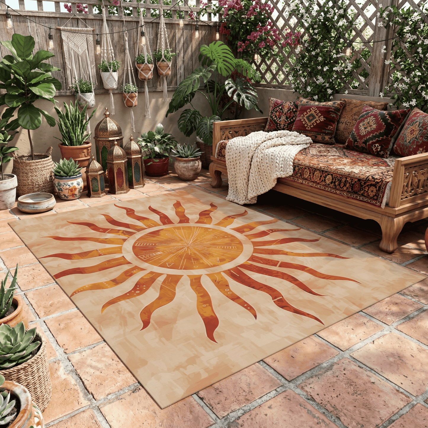Sunburst Medallion Outdoor Rug — Sandstone Patio Rug