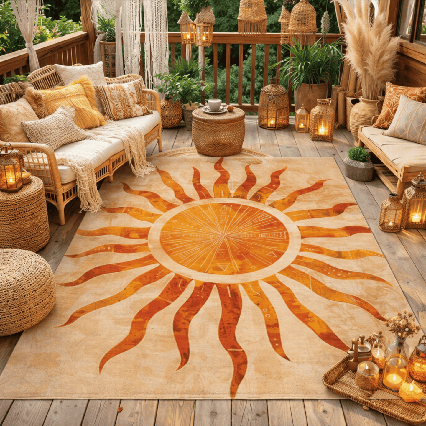 Sunburst Medallion Outdoor Rug — Sandstone Patio Rug