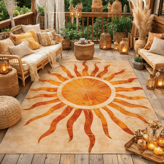 Sunburst Medallion Outdoor Rug — Sandstone Patio Rug