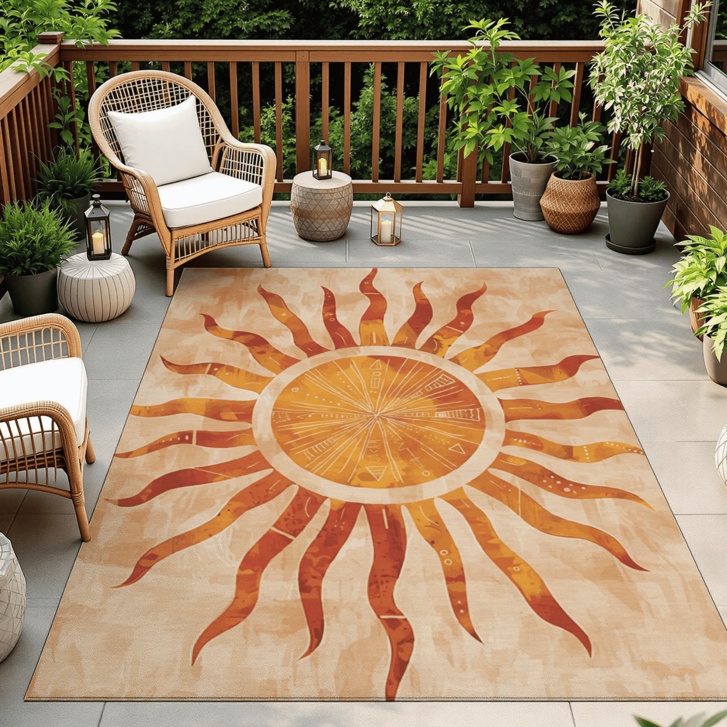 Sunburst Medallion Outdoor Rug — Sandstone Patio Rug