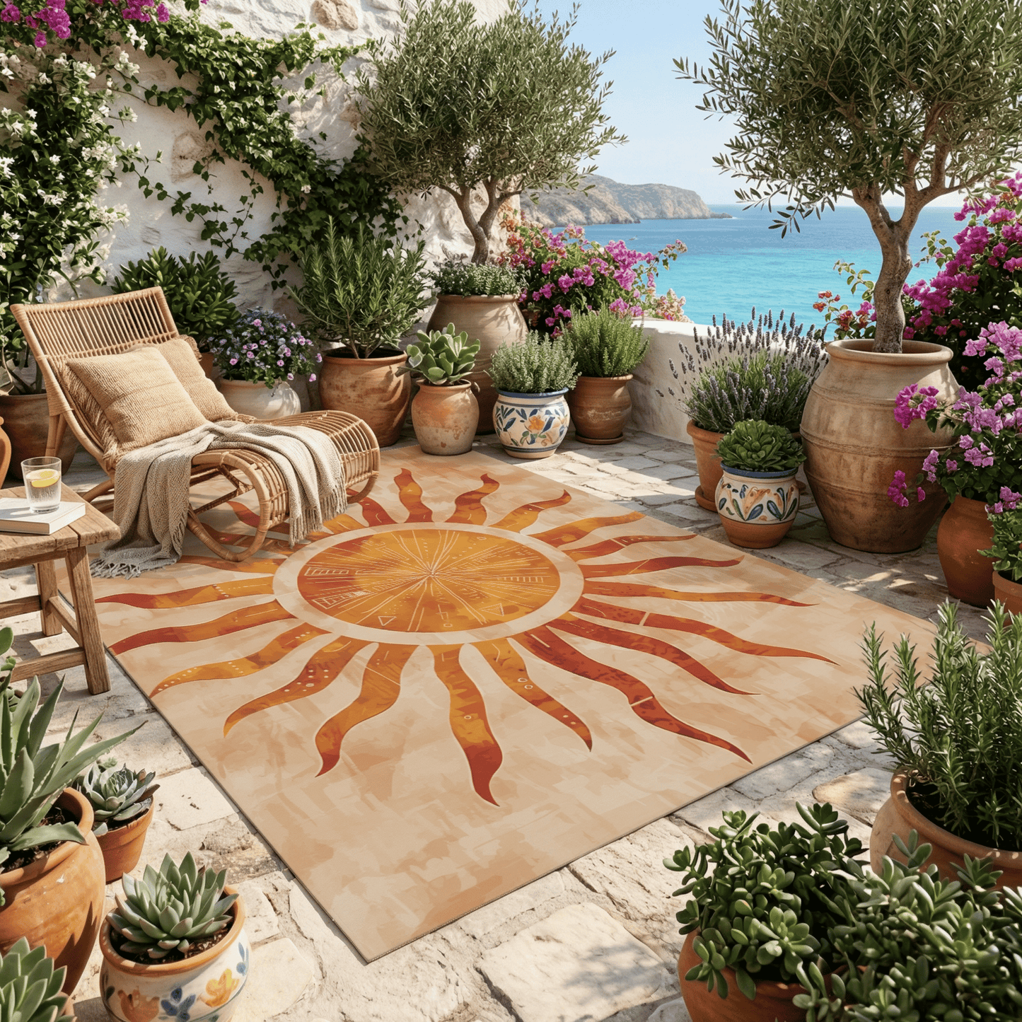 Sunburst Medallion Outdoor Rug — Sandstone Patio Rug