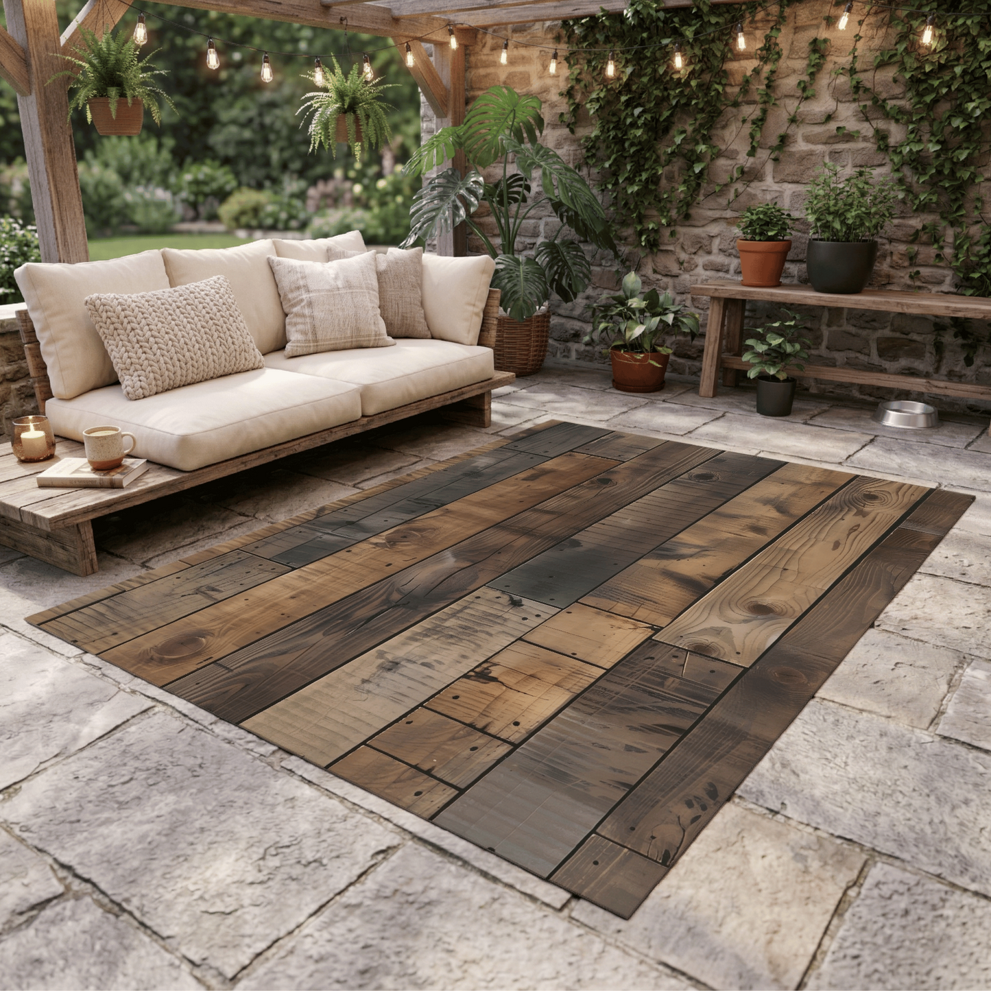 Weathered Plank Outdoor Rug — Rustic Patio Rug