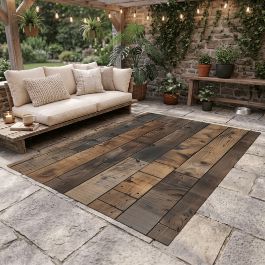 Weathered Plank Outdoor Rug — Rustic Patio Rug