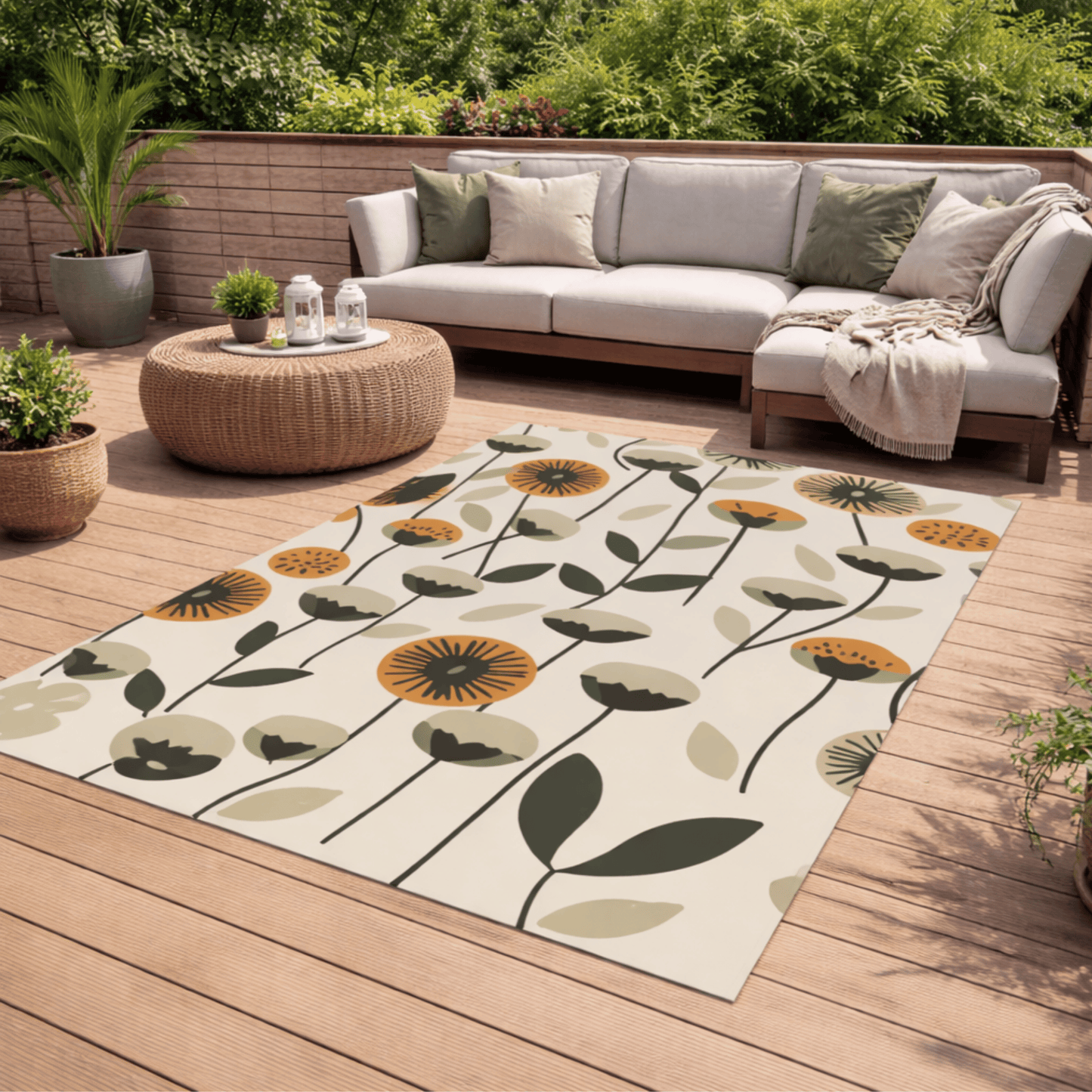 Modern Floral Outdoor Rug — Sage Botanical Patio Rug