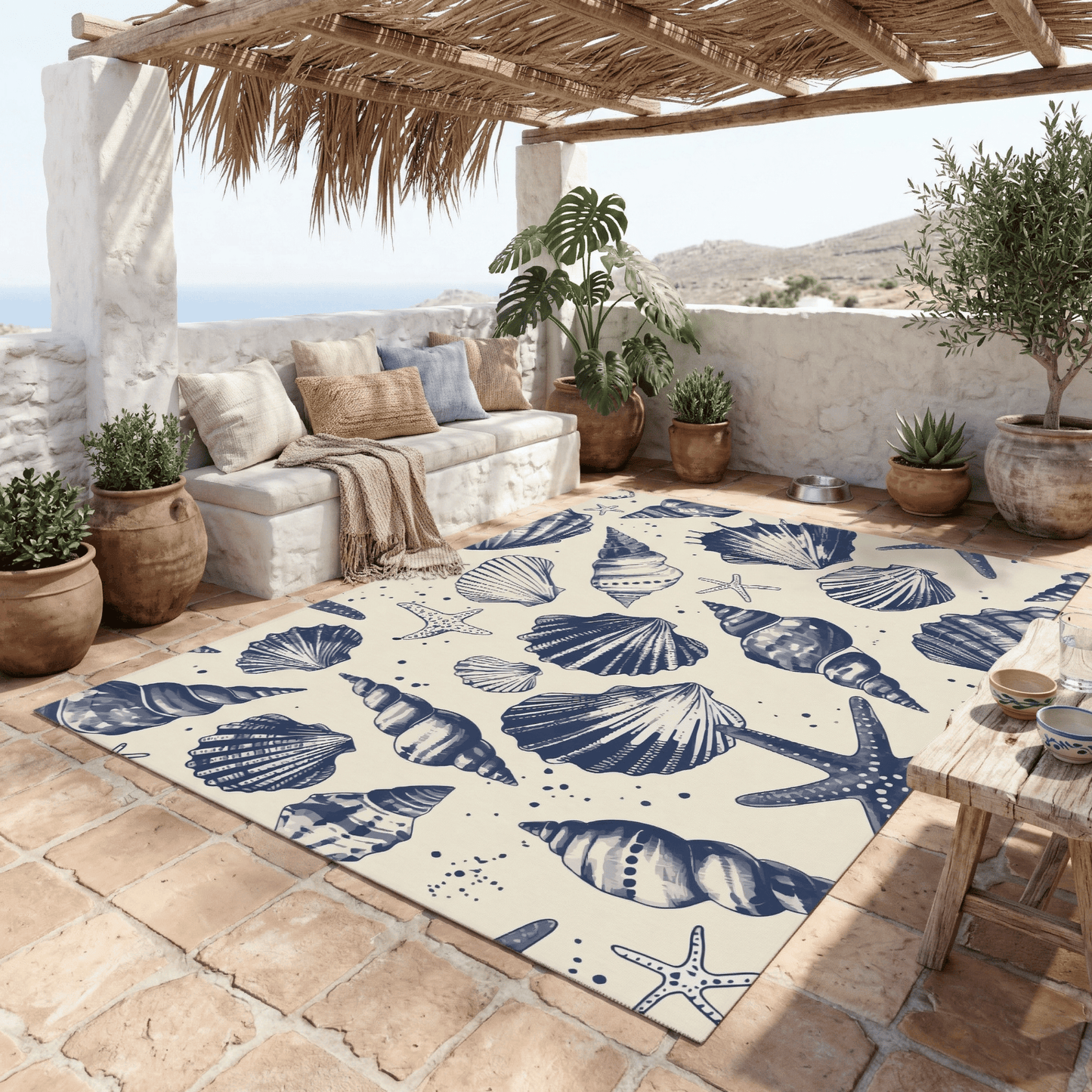 Seashell Sketch Nautical Outdoor Rug — Coastal Patio Rug