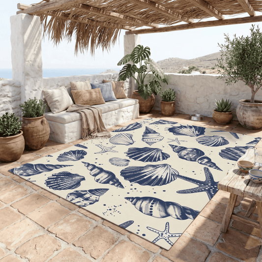 Seashell Sketch Nautical Outdoor Rug — Coastal Patio Rug