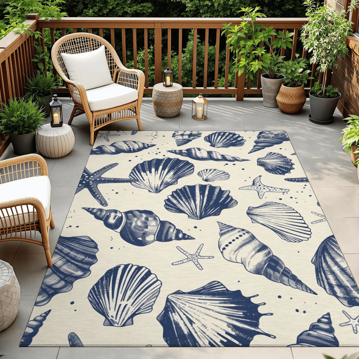 Seashell Sketch Nautical Outdoor Rug — Coastal Patio Rug
