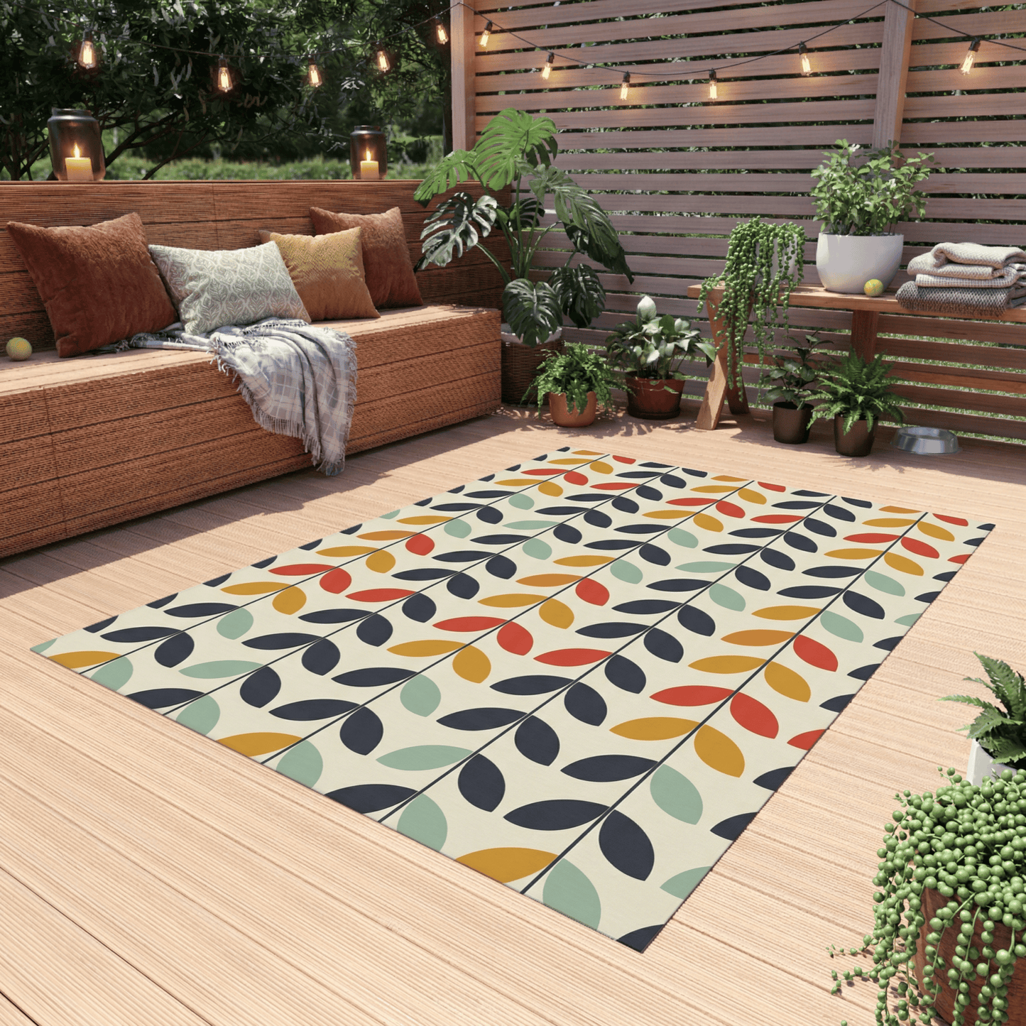 Retro Leaf Pattern Outdoor Rug — Colorful Patio Rug