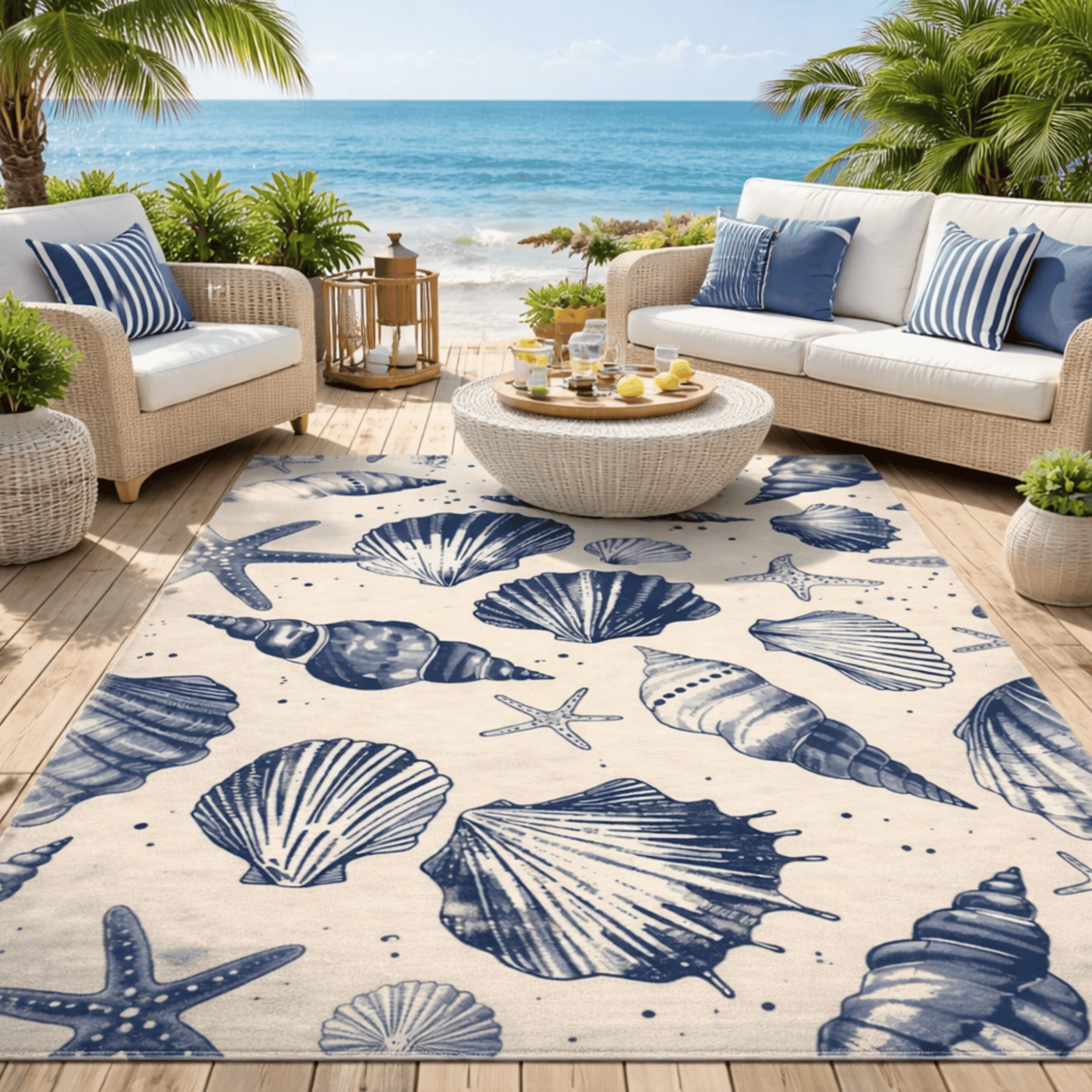 Seashell Sketch Nautical Outdoor Rug — Coastal Patio Rug
