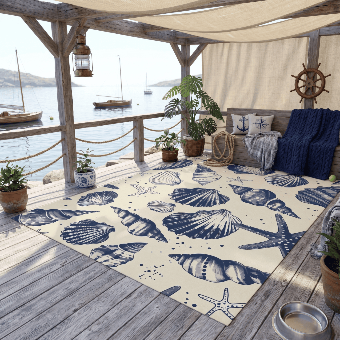 Seashell Sketch Nautical Outdoor Rug — Coastal Patio Rug
