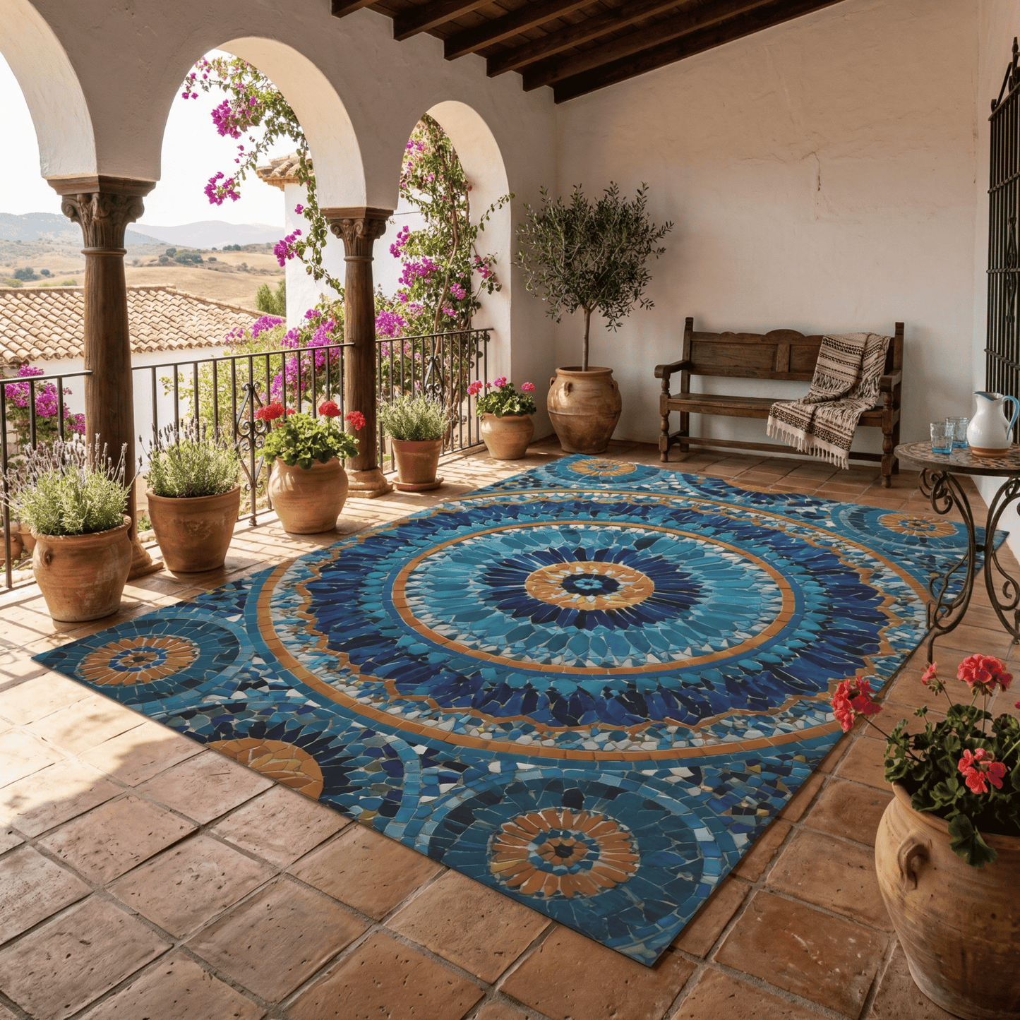 Boho Mosaic Medallion Outdoor Rug — Blue Patio Rug