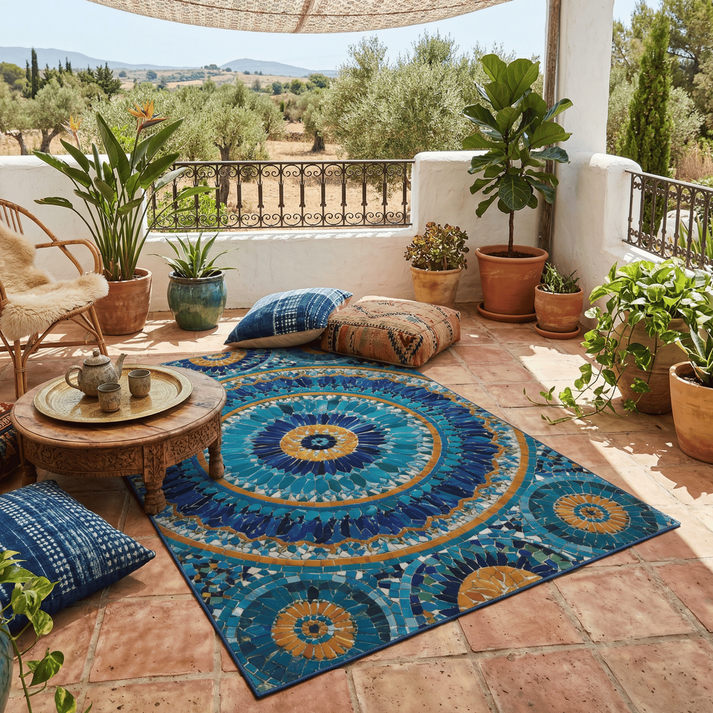 Boho Mosaic Medallion Outdoor Rug — Blue Patio Rug