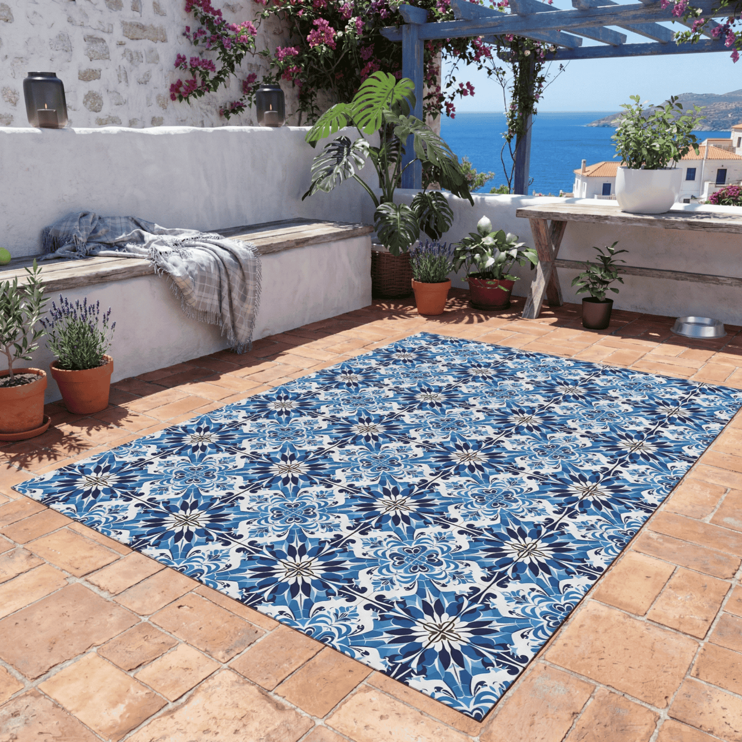 Mediterranean Tile Blue Outdoor Rug — Coastal Patio Rug