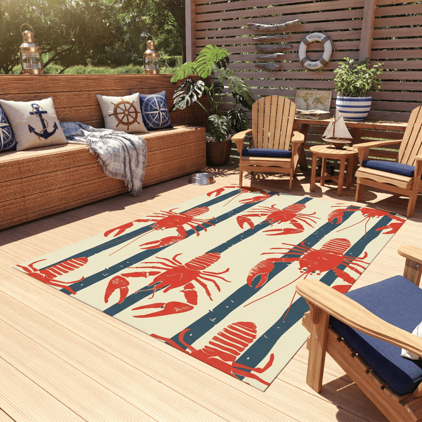 Lobster Stripe Nautical Outdoor Rug — Coastal Patio Rug