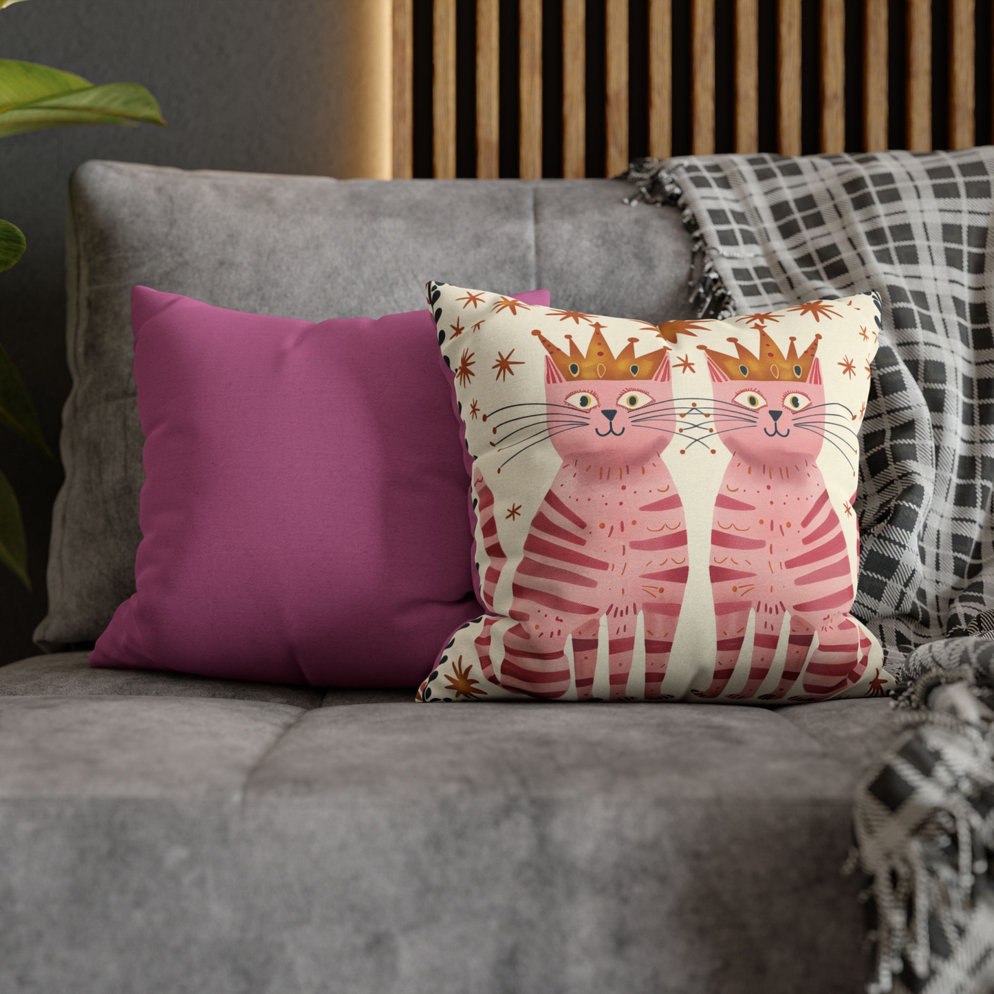 Pink Cat Pillow Cover with Crown Illustration