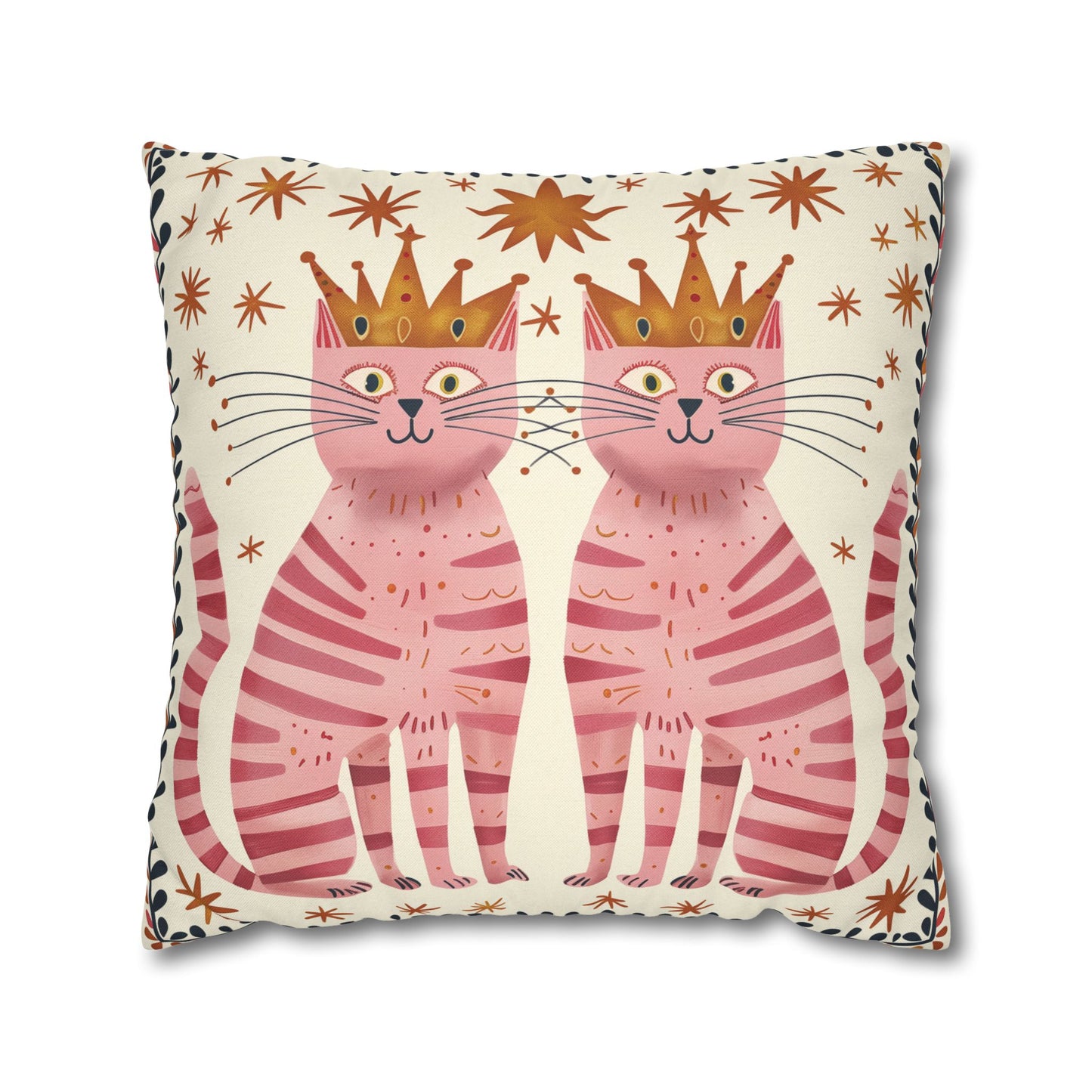 Pink Cat Pillow Cover with Crown Illustration