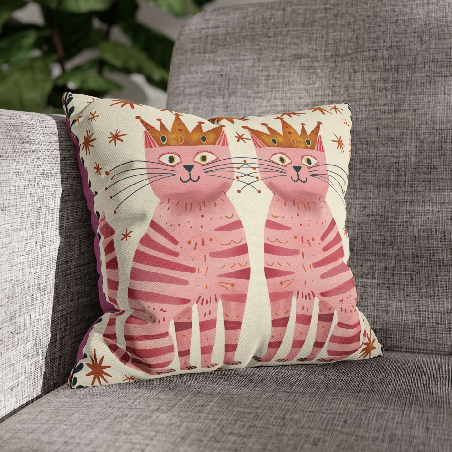 Pink Cat Pillow Cover with Crown Illustration